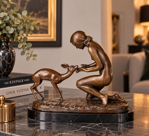 Bronze skulptur frau mit reh - frau,